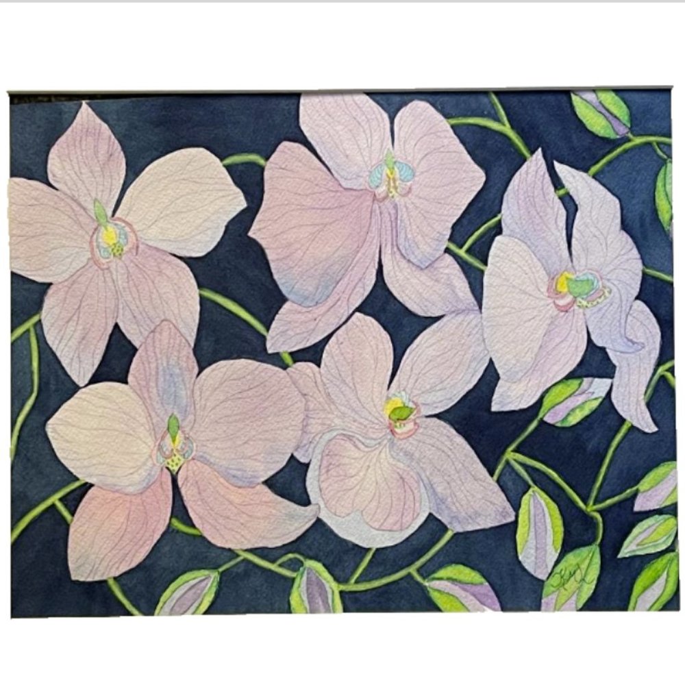 PAINTING WATERCOLOR ORIGINAL ART FLOWERS ORCHID LAVENDER BLUE 14X11 MAT 20X16